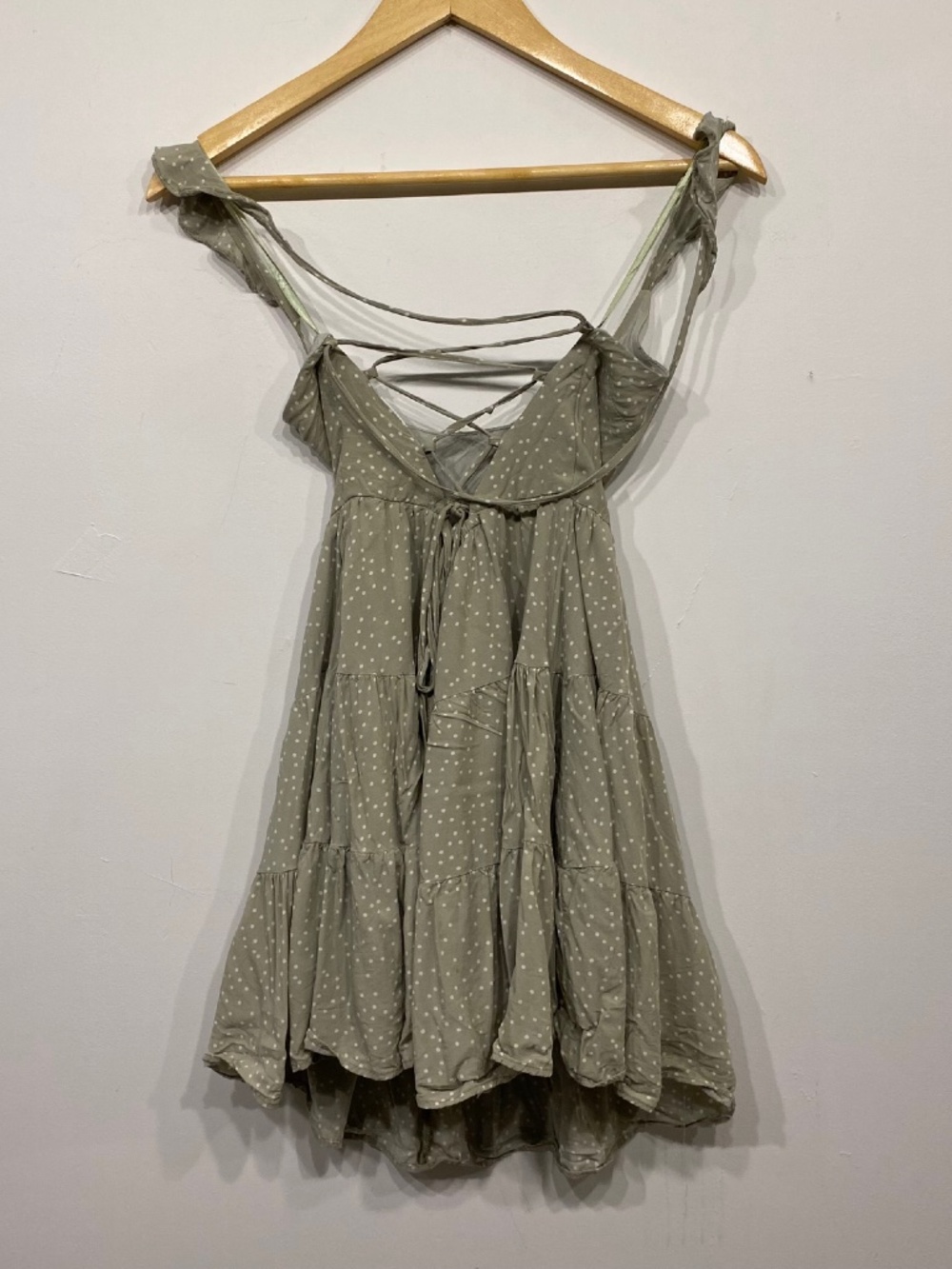 Selfie Leslie Allegra Coquette Fluted Hem Lace-Up Back Dress Polka Dot Green - Picture 5 of 5